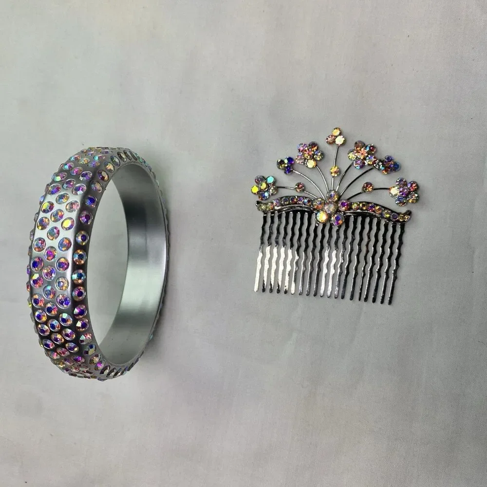 iridescent rhinestones hair comb barrette and bangle bracelet set silver color